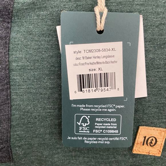 Tentree Men’s Baker Henley Long Sleeve Shirt Size XL Organic Cotton Blend Green - Picture 5 of 6